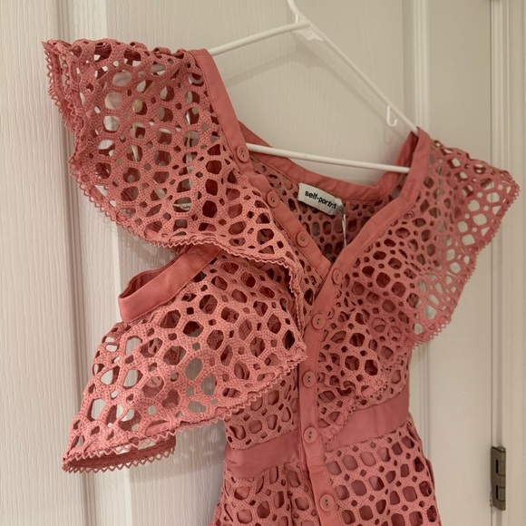 Self-Portrait | Lace Frill Asymmetric Cold-Shoulder Fit & Flare Pink Mini Dress - Picture 6 of 16